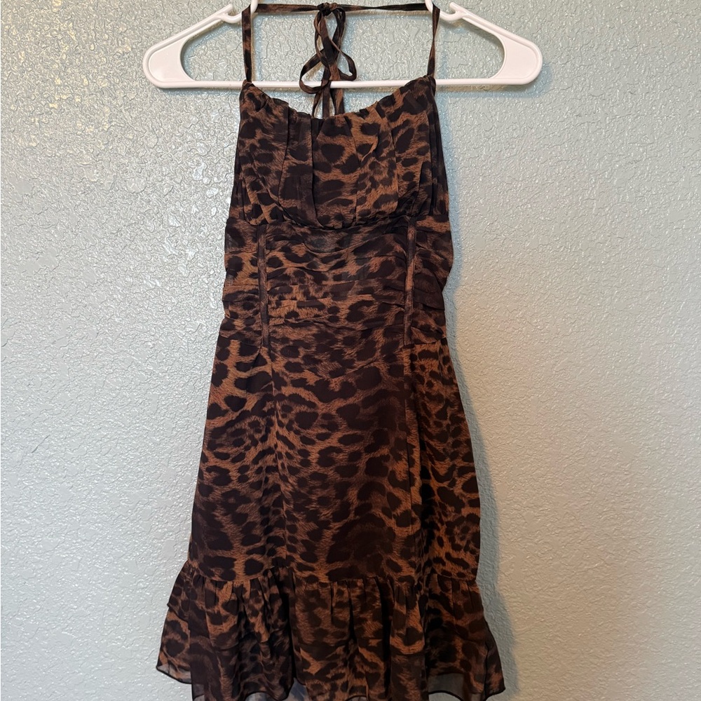 NWT DARK BROWN LEOPARD PRINT WOVEN HALTERNECK FRILL HEM BODYCON DRESS size 0 - Picture 5 of 7